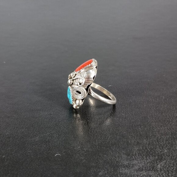 Native America Navajo Sterling Silver Coral & Turquoise Ring Max Calladitto 8.50 - Picture 4 of 8